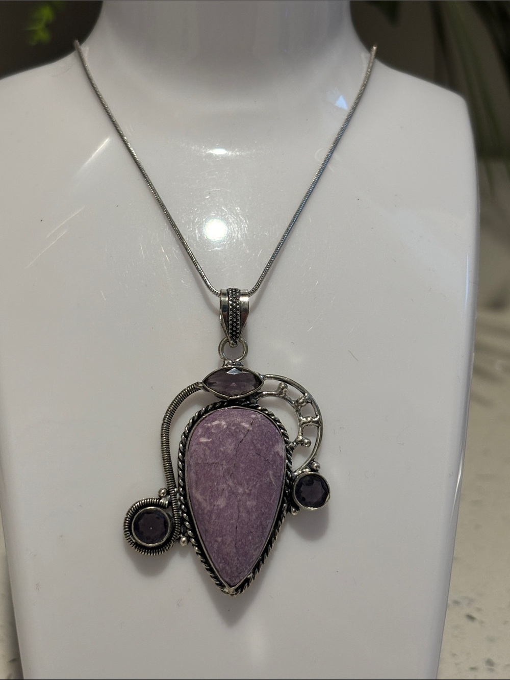 Sterling Silver Purpurite Jasper & Amethyst Teardrop Pendant Necklace